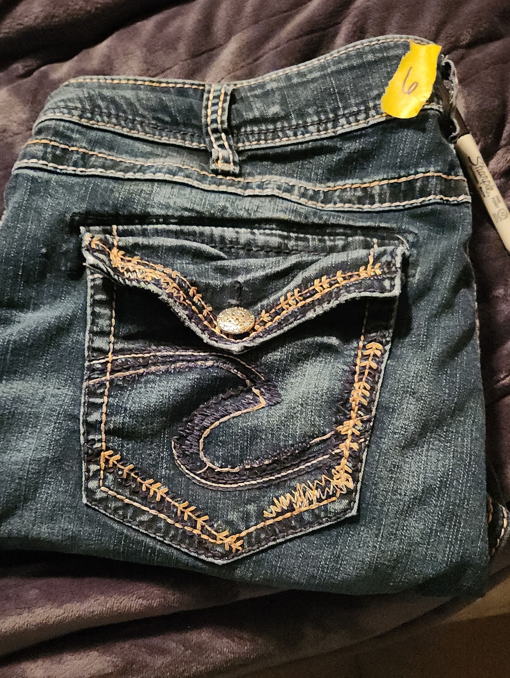 Silver Jeans Dark Blue Boot Cut Jeans with Tan Embroidery